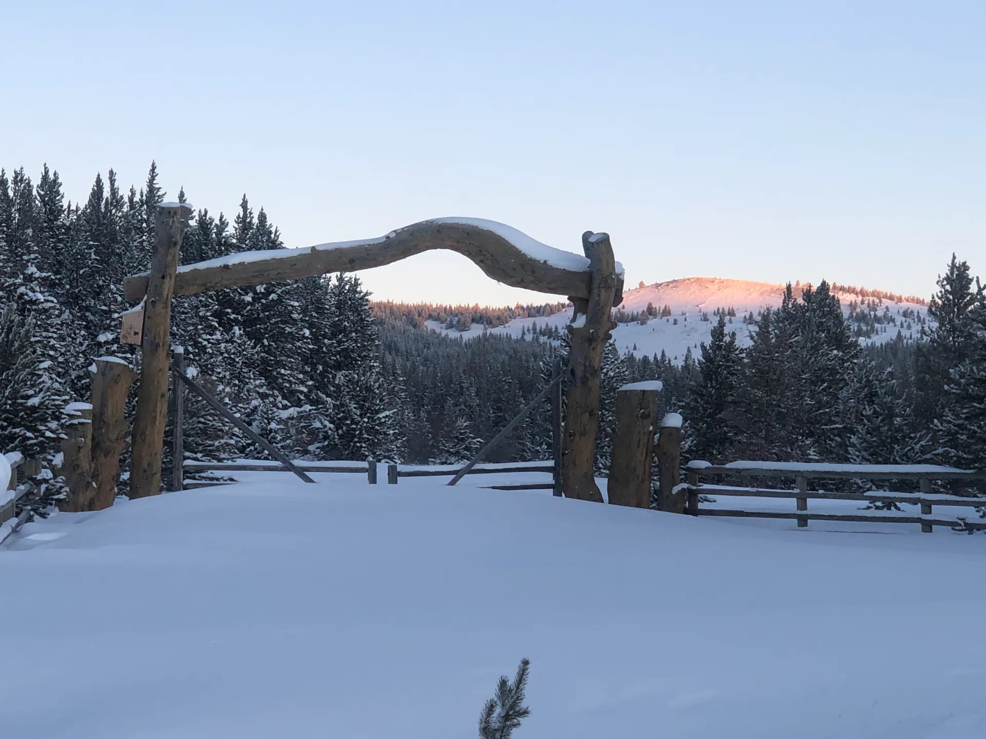 Snow-covered ranch gate at sunrise in the Montana mountains