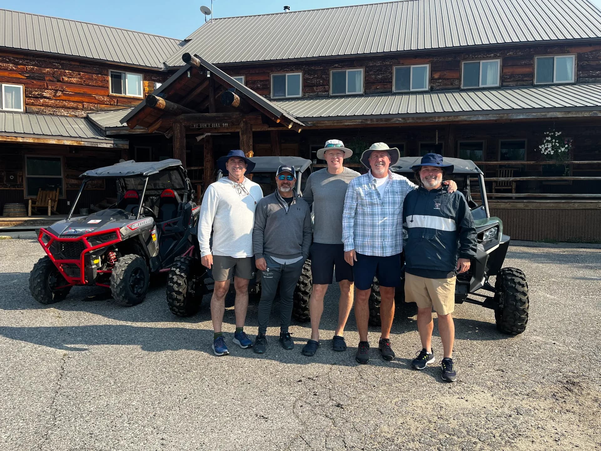 Group of riders with Polaris RZRs at the lodge near Anaconda, MT